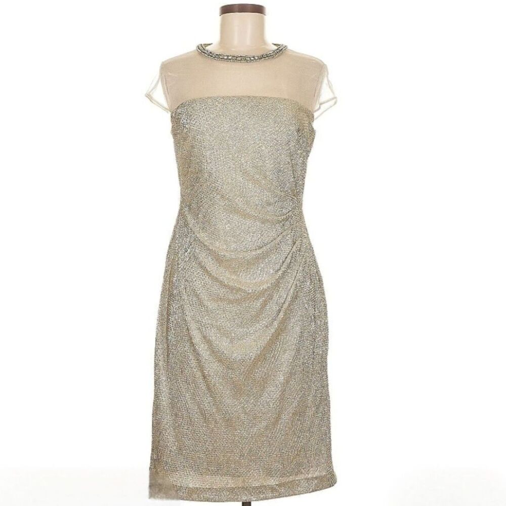 Lauren Ralph Lauren Evening Champagne Gold Dress w/ Sheer Bodice, Necklace Sz 8